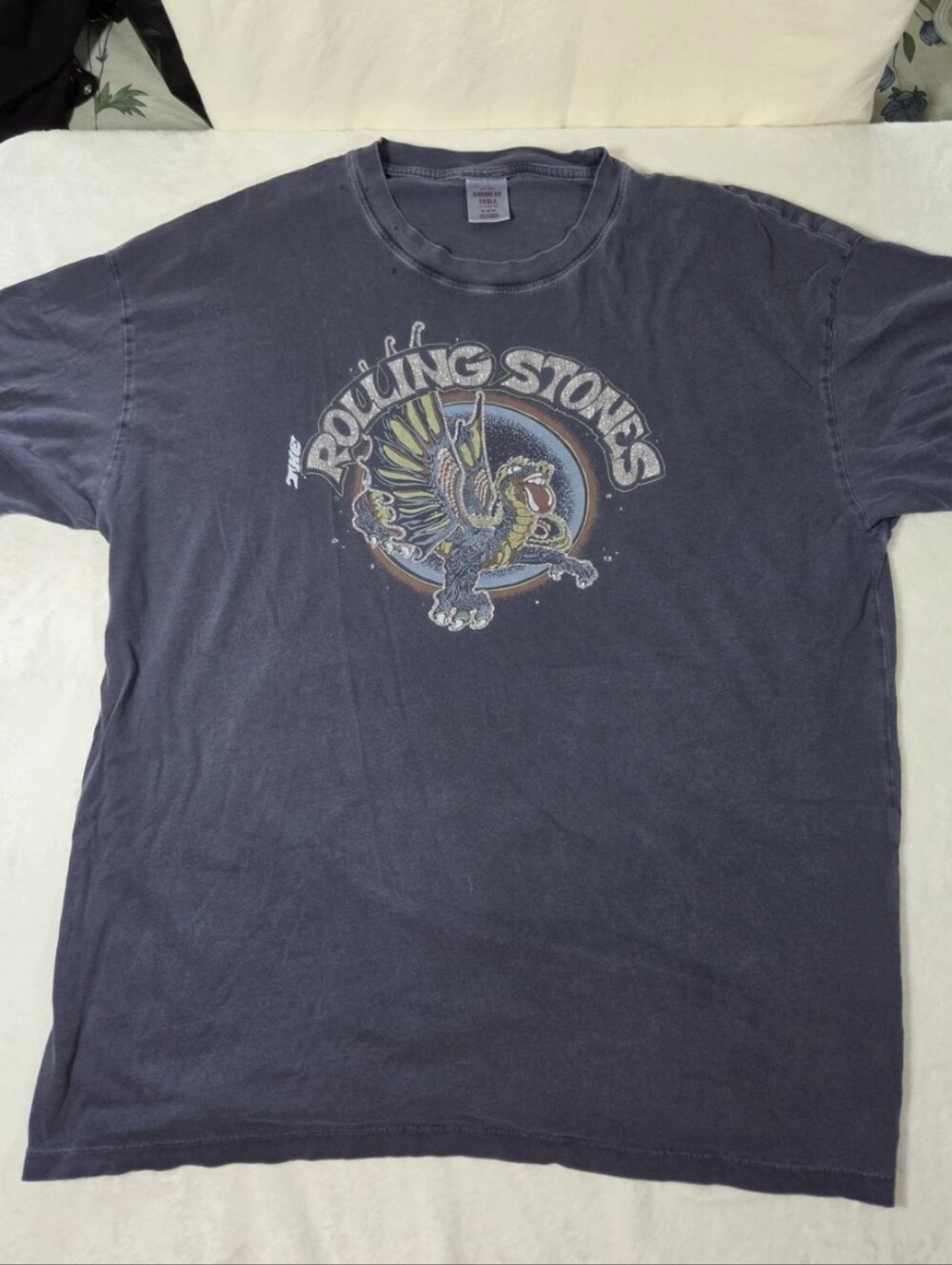 the Rolling Stones Blue Short Sleeve Tee with Colorful Dragon Crest Rockcore